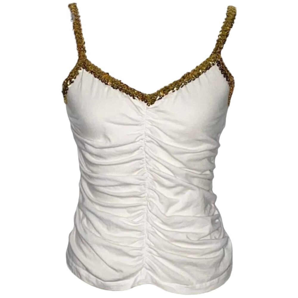 M Lipstick Brand Y2k White Ruched Tank  Cami Gold Sequin We Seal Club Top